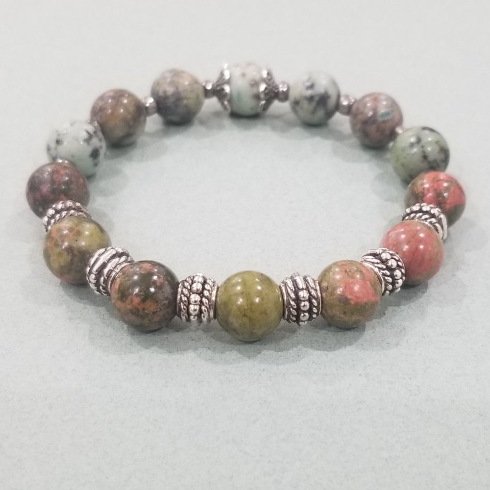 Feel Good™ - 8” Elastic Verdi Blush Bracelet - Unakite and African Turquoise